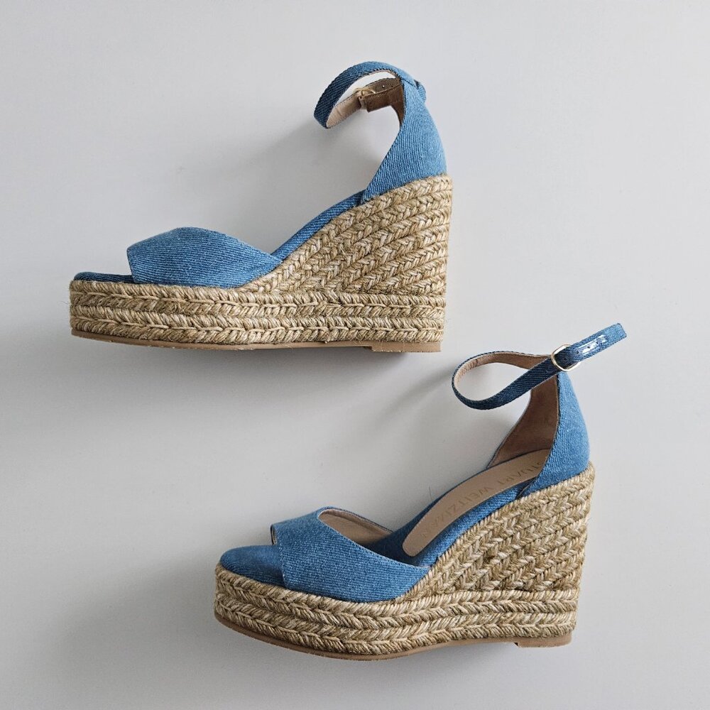 Stuart Weitzman Denim Espadrille Wedge Sandals – Size 7 / EU 37.5 – NWOT - Picture 7 of 14